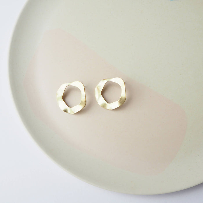 Flow Stud Earrings, wavy simple gold tone drop studs