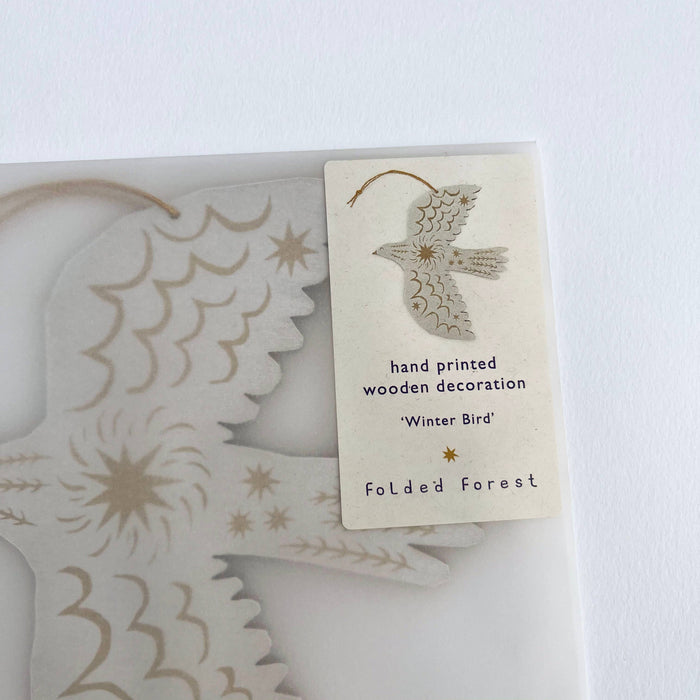 Screenprinted Wooden Decoration - Winter Bird - White