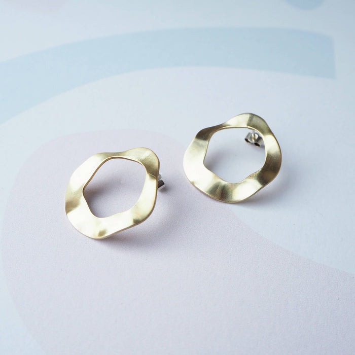 Flow Stud Earrings, wavy simple gold tone drop studs