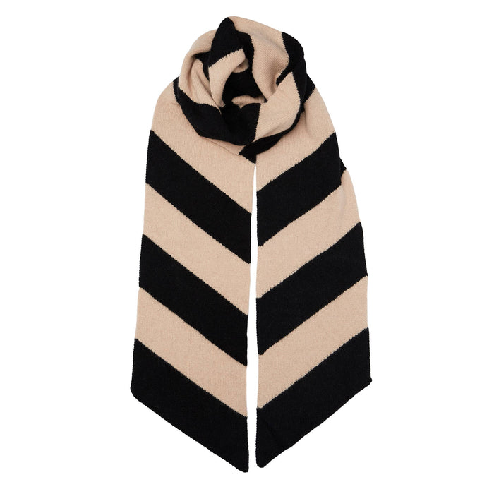 Cashmere Long Skinny Diagonal Stripe Scarf - Cream/Black