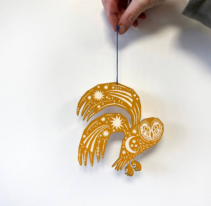 Screenprinted Wooden Decoration - Owl - Yellow Ochre