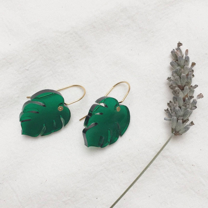 Mini Monstera Drop Earrings: Green