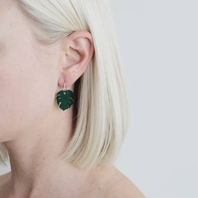 Mini Monstera Drop Earrings: Green