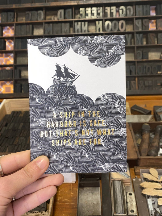 Ship In The Harbour. Gold Foiled Card