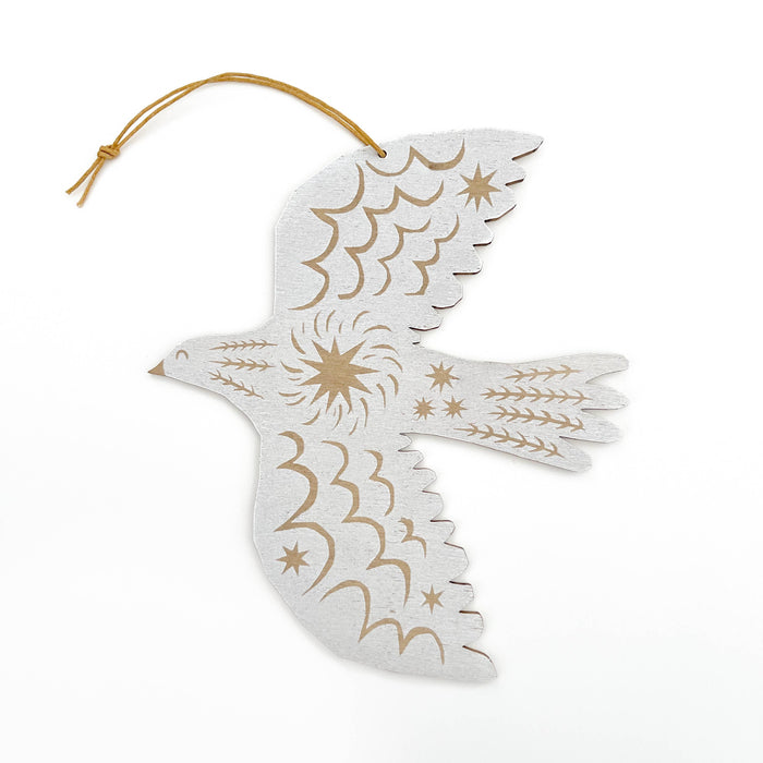 Screenprinted Wooden Decoration - Winter Bird - White