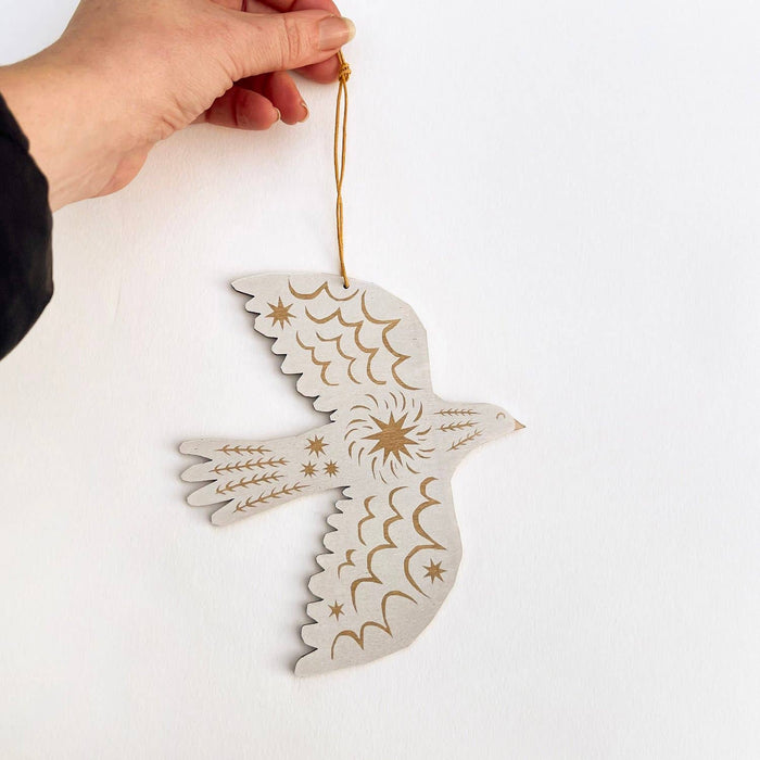 Screenprinted Wooden Decoration - Winter Bird - White