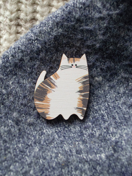 Cute Little Tabby Cat Wooden Pin Badge - Gift for Cat Lover