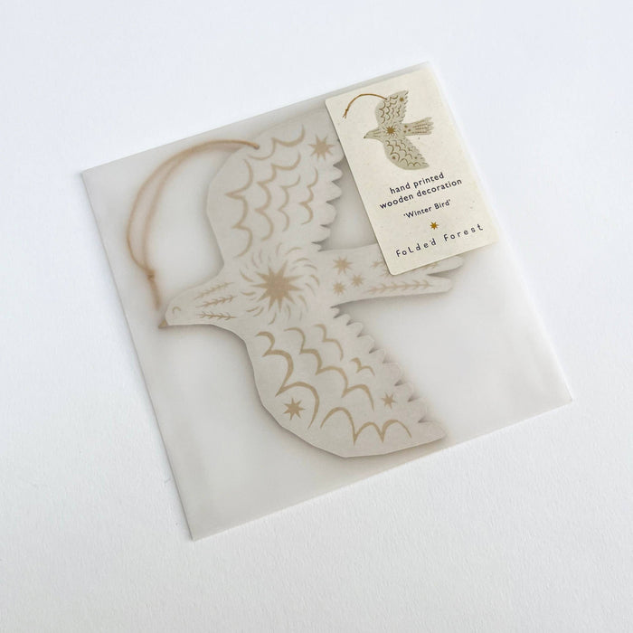 Screenprinted Wooden Decoration - Winter Bird - White