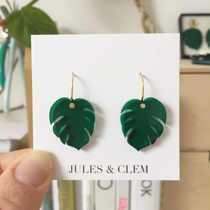 Mini Monstera Drop Earrings: Green