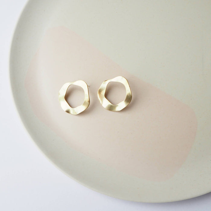 Flow Stud Earrings, wavy simple gold tone drop studs