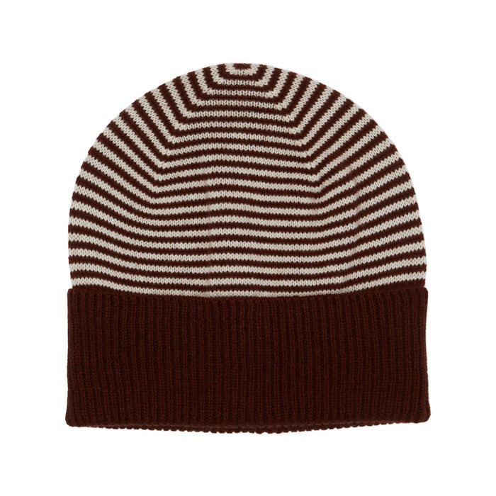 Fine Stripe Cashmere Beanie - Brown/Cream