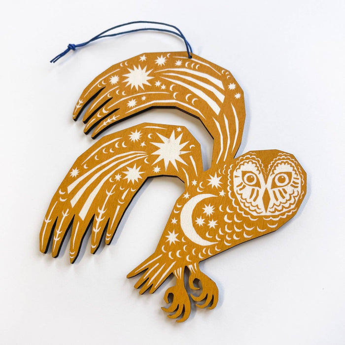 Screenprinted Wooden Decoration - Owl - Yellow Ochre