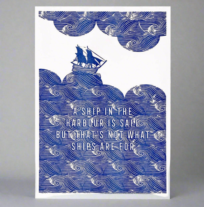 Ship in the Harbour Risograph Print. A3. Eco Friendly: With cello