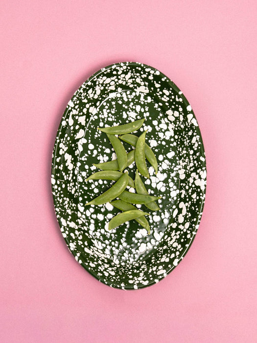 Splatter Enamel Serving Plate: Moss Green & Off White